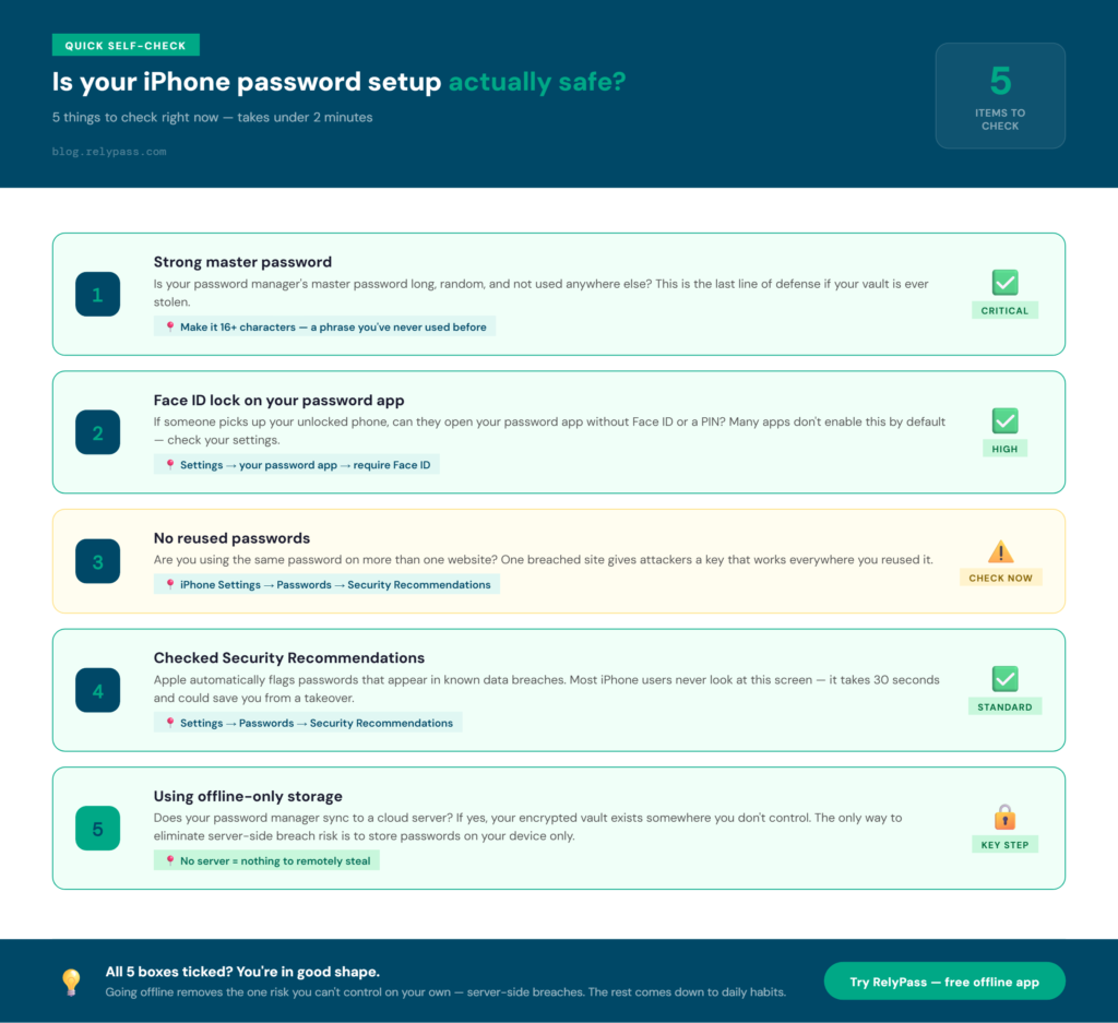 Five-step iPhone password security checklist covering master password strength, Face ID lock, reused passwords, Security Recommendations, and offline-only storage