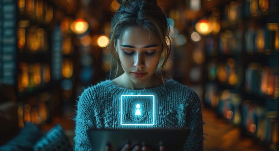 Young woman in a dimly lit library, focused on a tablet with a glowing privacy icon symbolizing personal security on social media.