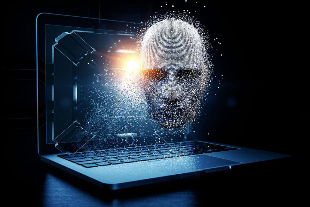 A haunting digital face emerges from a laptop screen in a dark room—symbolizing how hackers can strike anyone, anytime, turning your trusted device into a threat.