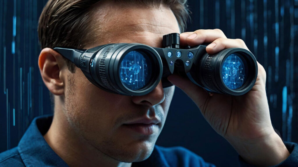 Man looking through high-tech binoculars with digital data reflections—symbolizing how phishing scams spy on you and steal passwords by pretending to be something you trust.