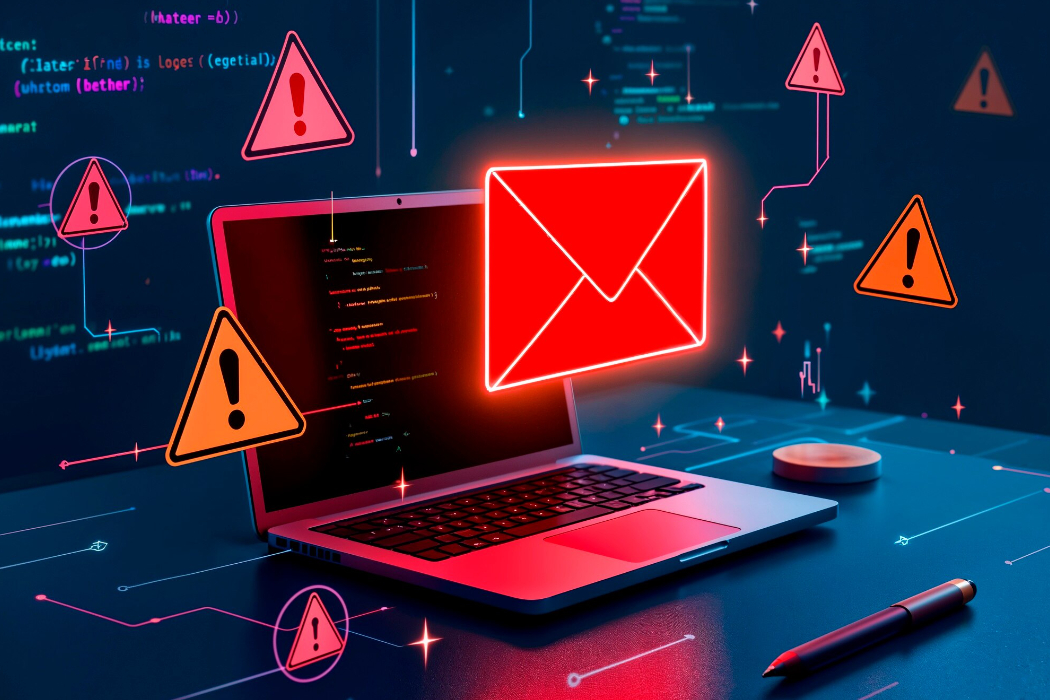 A laptop screen displaying warning signs and an email error, representing password reset emails not arriving due to delivery or security issues.