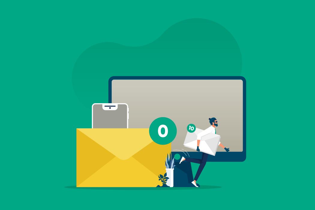 Two people working with email icons and a large envelope, representing the process of sending and receiving password reset emails.