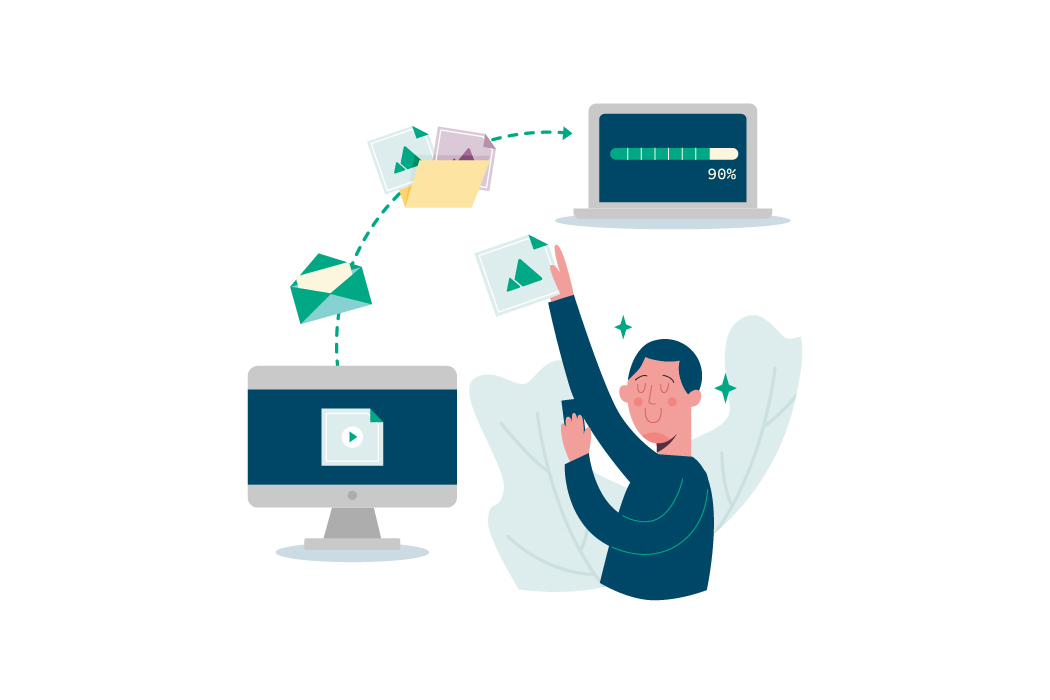 Illustration of a user with multiple devices showing broken or blocked email connections, indicating failed password reset email delivery.