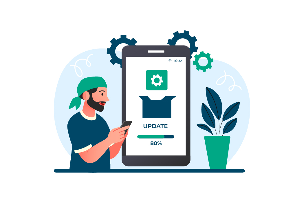 Illustration of a user updating a mobile app, representing updates that fix app logout issues.