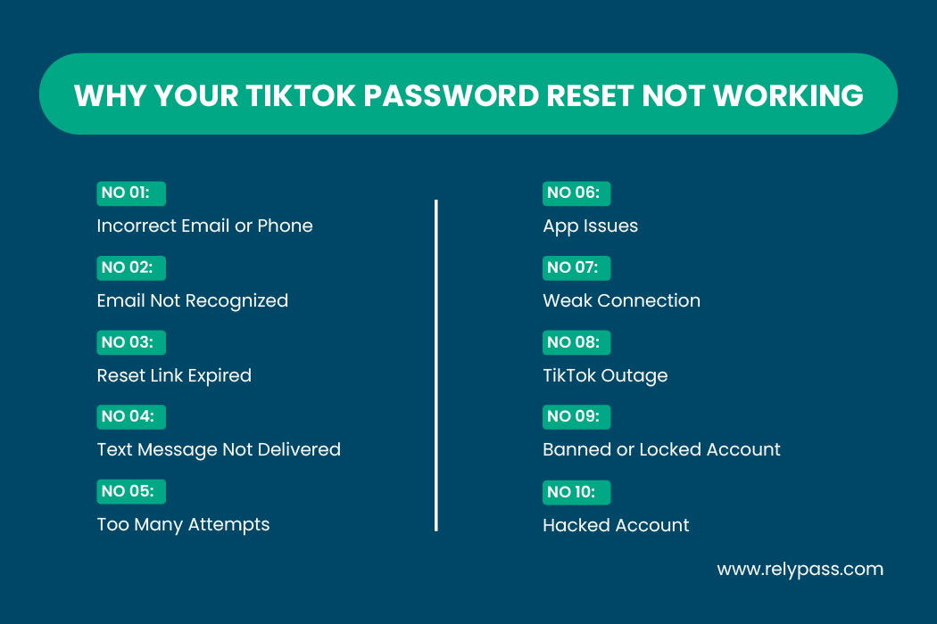 Infographic showing common reasons TikTok password reset is not working, including email not recognized, reset link expired, app issues, and locked or hacked account