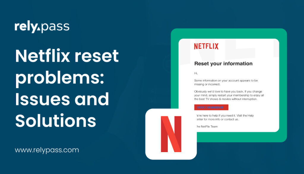 Netflix password reset not working message with reset information and RelyPass branding