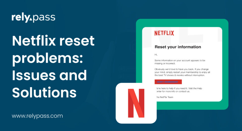 Netflix password reset not working message with reset information and RelyPass branding