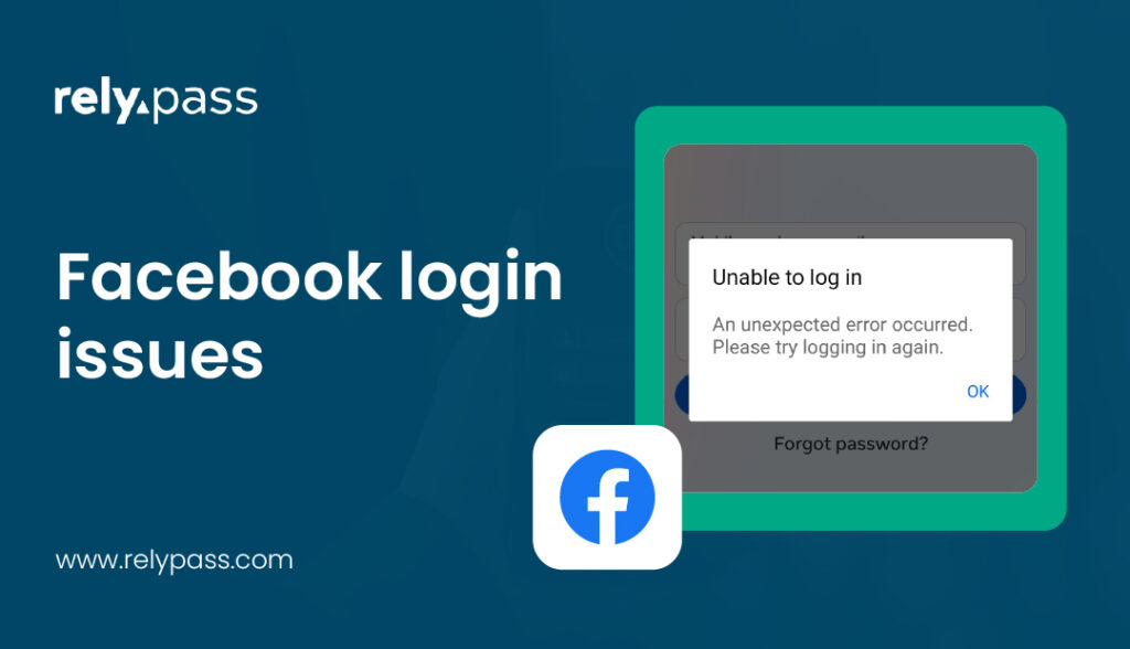 Abstract background with a Facebook icon and on-screen text about facebook login issues.