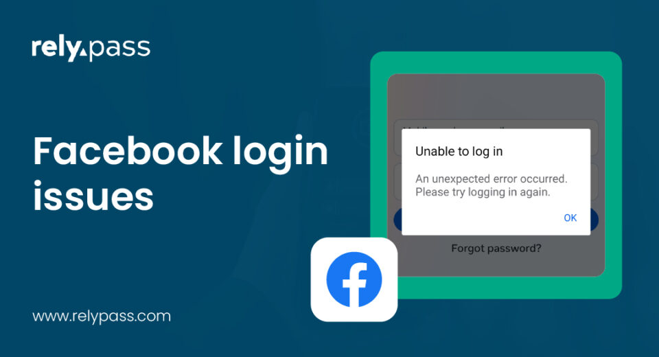 Abstract background with a Facebook icon and on-screen text about facebook login issues.