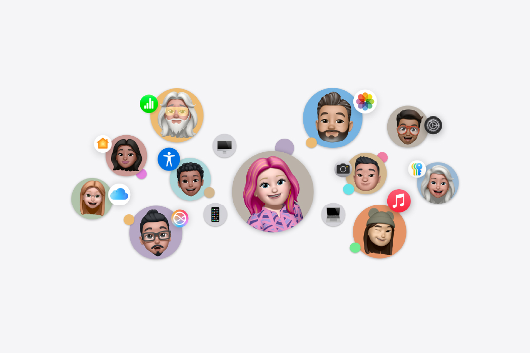 Apple ID avatars connected across iPhone, iPad, and Mac showing iCloud user profiles and services