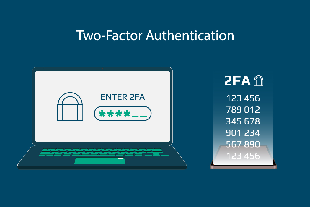 Laptop and smartphone showing 2FA code login screen, explaining what two-factor authentication is and how it works to secure account access.