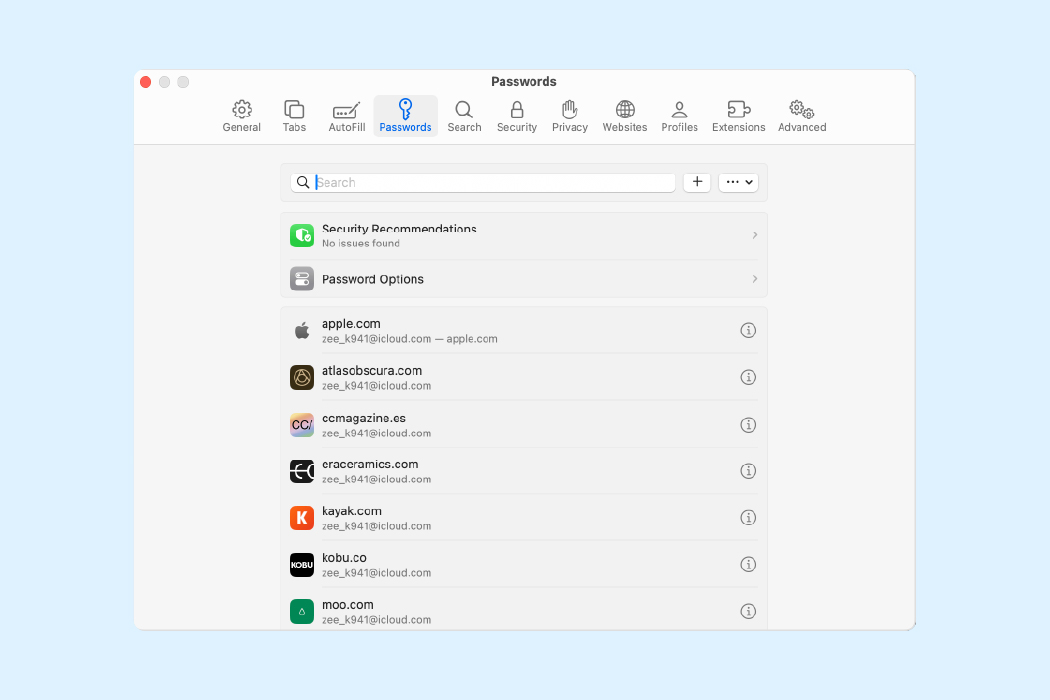 Safari settings window on macOS showing the Passwords section with saved website logins and security recommendations