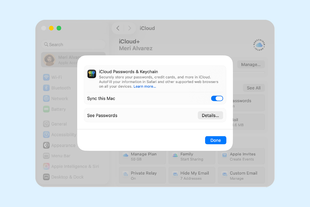 macOS System Settings screen showing iCloud Passwords and Keychain enabled with the option to sync passwords on this Mac
