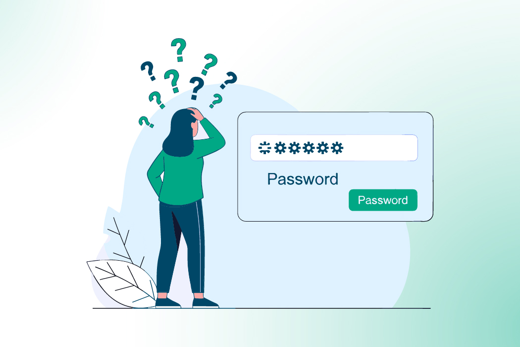 Illustration of a woman confused by too many passwords with question marks around her