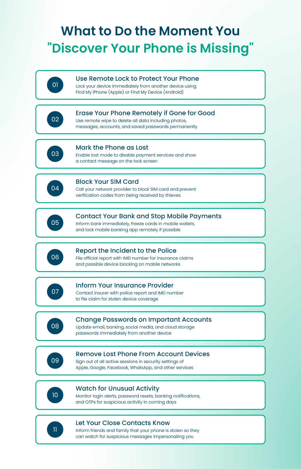 Emergency checklist showing 10 steps to take when your phone is stolen including remote lock, SIM blocking, and password changes