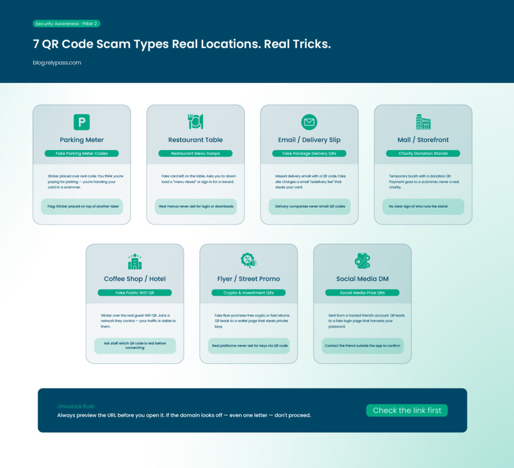qr code scam types showing 7 tactics used at parking meters restaurants and online