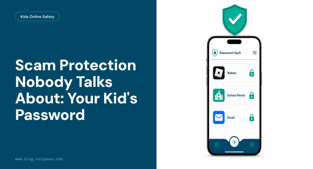 Scam protection for kids — iPhone password vault showing Roblox, school portal, and email logins secured in RelyPass