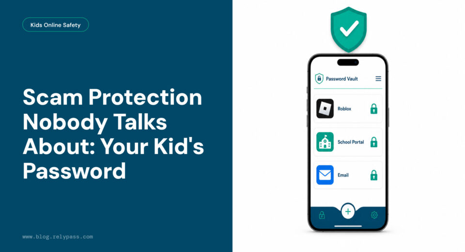 Scam protection for kids — iPhone password vault showing Roblox, school portal, and email logins secured in RelyPass