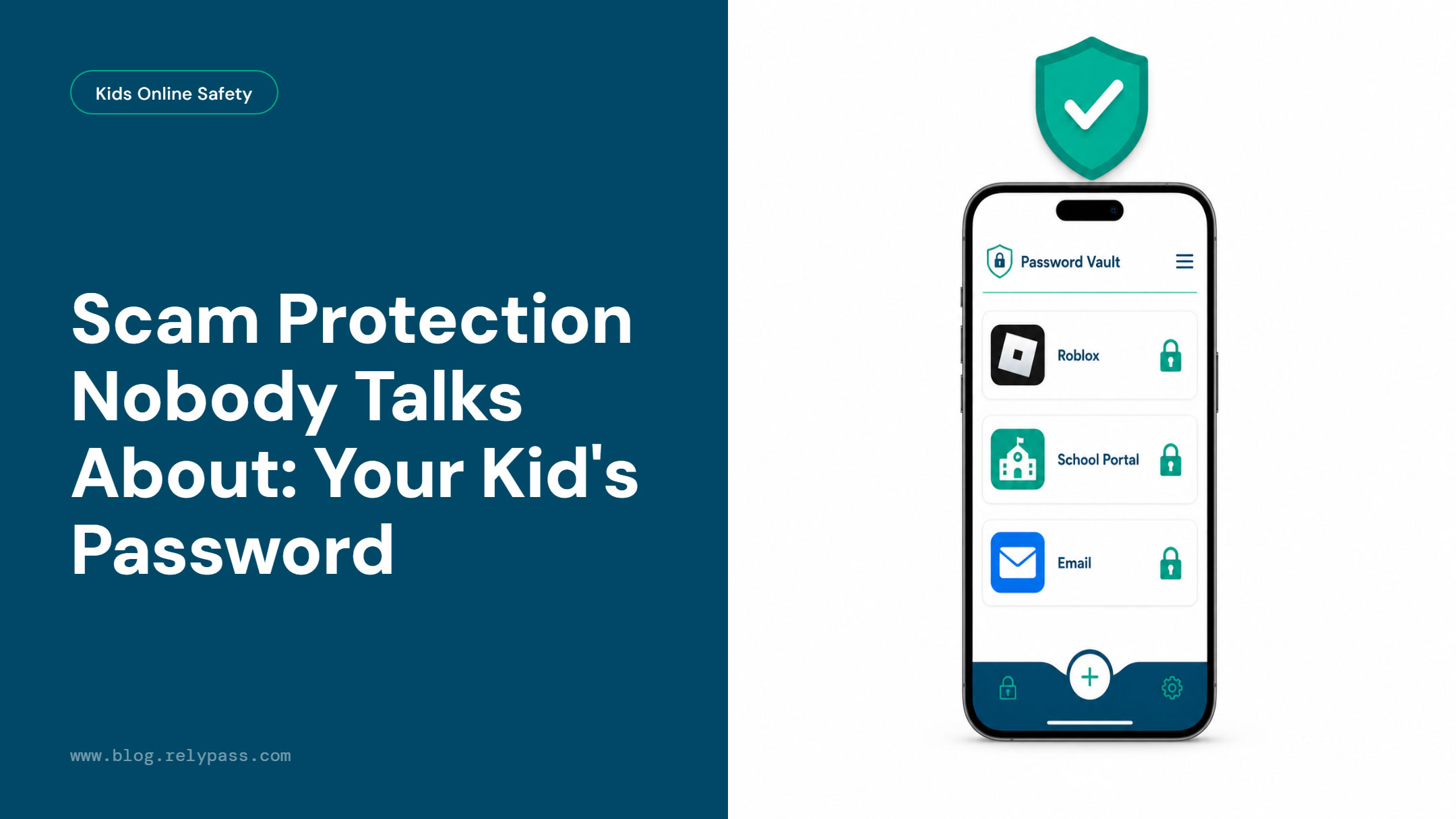 Scam protection for kids — iPhone password vault showing Roblox, school portal, and email logins secured in RelyPass